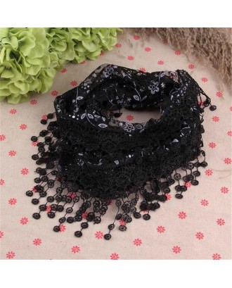 Women Lace Sheer Floral Print Triangle Veil Scarf Shawl Wrap with Tassel Decor