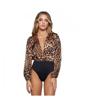 Women Sexy V-neck Jumpsuits With Leopard Printed L