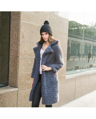 Women Winter Wool Overcoat Faux Fur Coat Turn Down Collar Long Cardigan Coat