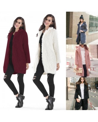 Women Winter Wool Overcoat Faux Fur Coat Turn Down Collar Long Cardigan Coat