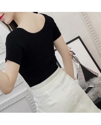 Lace-up Pullover Round Collar Short Sleeve Knitted Shirts Slim-fit Solid Color