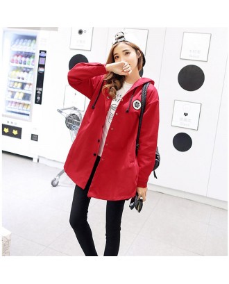 Women Wind Coat Long Section Casual Loose Hooded Outwear with Letter Print