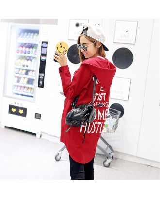 Women Wind Coat Long Section Casual Loose Hooded Outwear with Letter Print