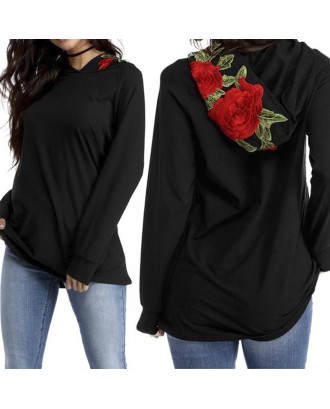 National Style Rose Embroidery Women Long Sleeve Hoodie Autumn Pullovers