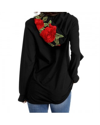National Style Rose Embroidery Women Long Sleeve Hoodie Autumn Pullovers