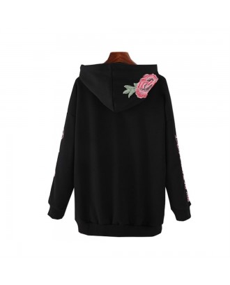 Long-sleeved Hooded Sweatshirt with Floral Embroidery & Letter Print for Women