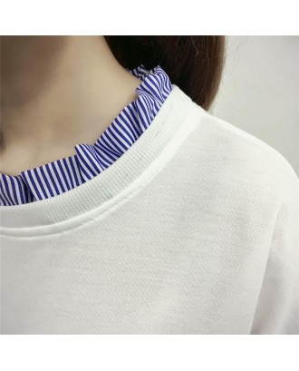 Fake Two Pieces Sweatshirt with Stripe Stitching with Puff Sleeves for Women