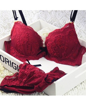 Embroidery Sexy Push-up Lace Bra + Underpant Underwear Set with 3-hook Closure