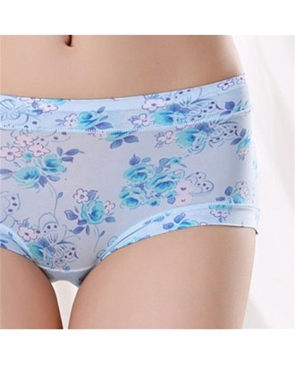 Women Sexy Skin-friendly Underpants Floral Prints Middle Waisted Briefs