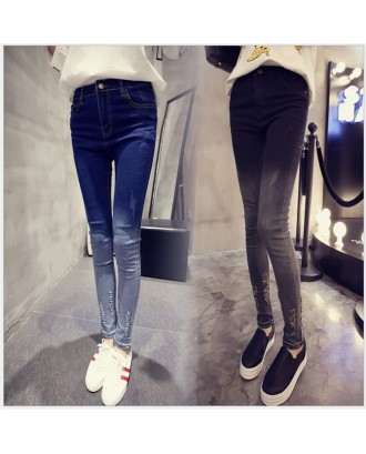 Women High Waist Slim Fit Stretch Ripped Hole Jeans Stretchy Pencil Pants