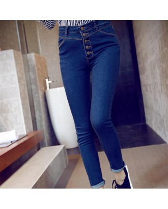 Autumn Women High Waisted Slim Solid Denim Pants Single Breasted Pencil Pants