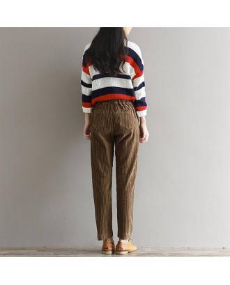 Women Corduroy Pants Vintage Lady Thicken Keep Warm Loose Pleated Trouser