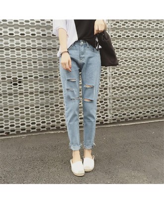Ripped Holes Jeans Loose Ankle-length Haren Jeans for Women for Spring Autumn