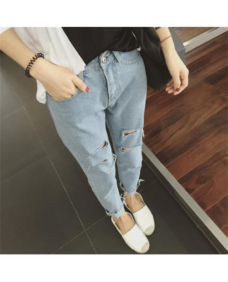 Ripped Holes Jeans Loose Ankle-length Haren Jeans for Women for Spring Autumn