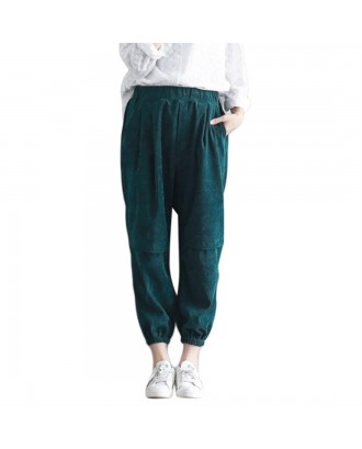 Winter Solid Color Women Corduroy Pants Lady Loose Cotton Pleated Trouser