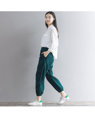 Winter Solid Color Women Corduroy Pants Lady Loose Cotton Pleated Trouser