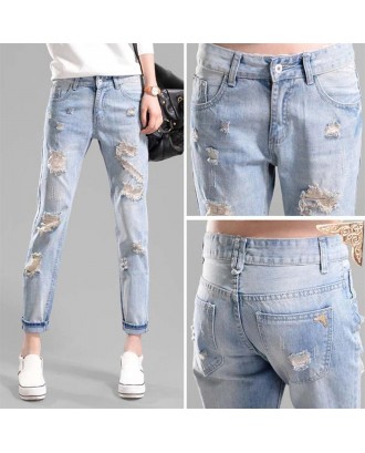 Female Loose Hole Ripped Jeans Casual BE Style Pencil Harem Jeans Trousers