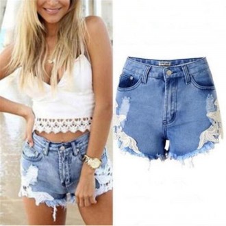 The European and American wind hot style dress sexy lace stitching denim shorts the European and Ame