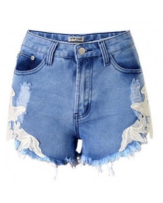 The European and American wind hot style dress sexy lace stitching denim shorts the European and Ame