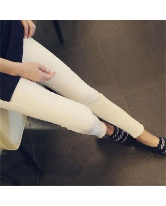 Women Solid Color High-Waist Stretching Skinny Pencil Pants with Button Decor