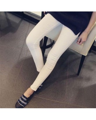 Women Solid Color High-Waist Stretching Skinny Pencil Pants with Button Decor