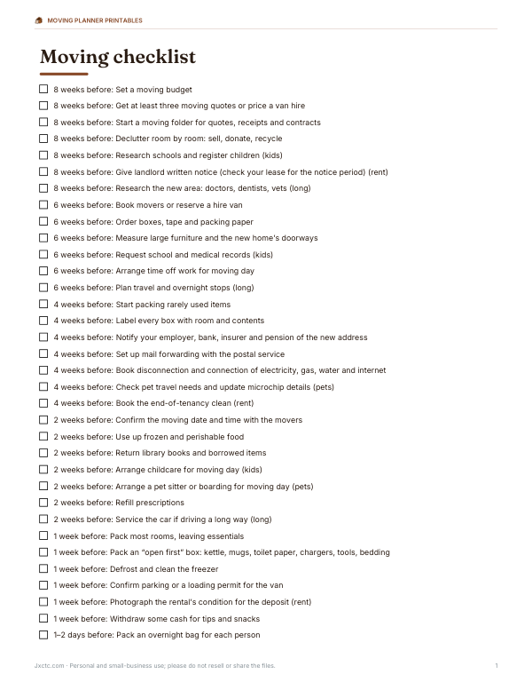 Preview of Printable Moving Checklist